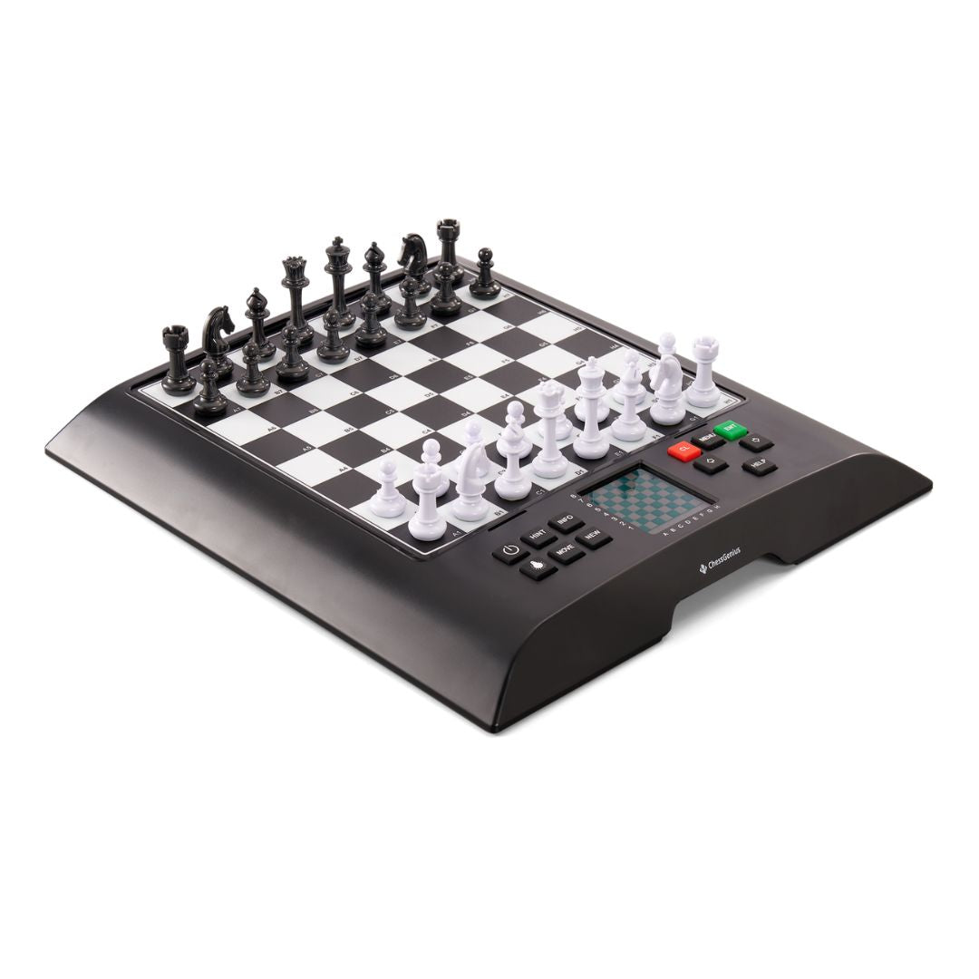 Skakcomputer i sort og hvid set fra venstre side af mærket millennium chess genius