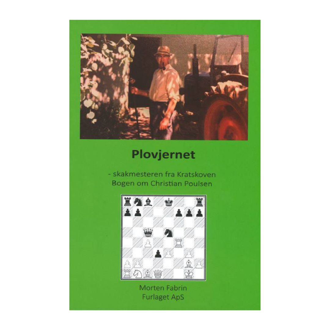 En grøn bogforside om Plovjernet - skakmesteren fra kratskoven er en skakbiografi om Christian Poulsen forfattet af Morten Fabrin og udgivet af Furlaget Aps