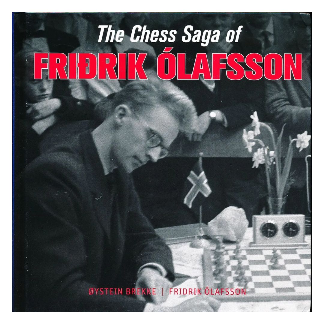 Forside af "The Chess Saga of Fridrik Ólafsson" – en partisamling om Islands skaklegende og tidligere FIDE-præsident.