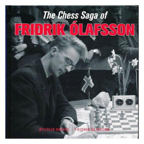 Forside af "The Chess Saga of Fridrik Ólafsson" – en partisamling om Islands skaklegende og tidligere FIDE-præsident.