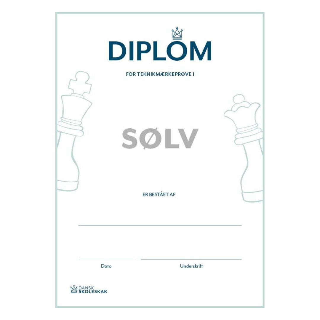 Diplom for beståelse af sølvspringeren teknikmærkeprøve med plads til underskrift, dato og dansk skoleskaks logo i nederste venstre hjørne