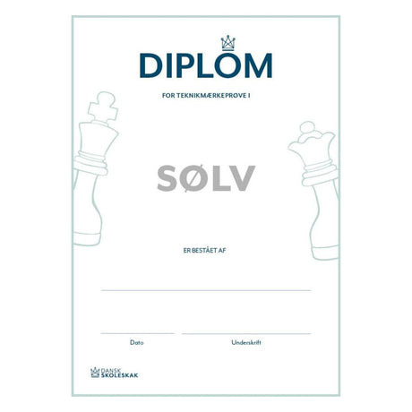 Diplom for beståelse af sølvspringeren teknikmærkeprøve med plads til underskrift, dato og dansk skoleskaks logo i nederste venstre hjørne