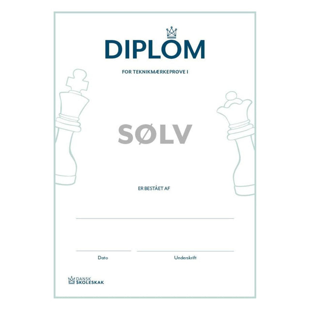 Diplom for beståelse af sølvspringeren teknikmærkeprøve med plads til underskrift, dato og dansk skoleskaks logo i nederste venstre hjørne