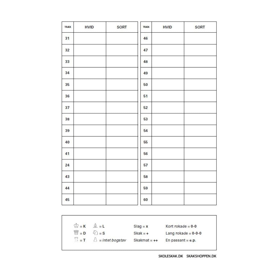 Bagside af en noteringsblok noteringsliste fra dansk skoleskak som kan købes i skekshoppen.com