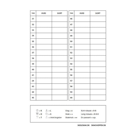 Bagside af en noteringsblok noteringsliste fra dansk skoleskak som kan købes i skekshoppen.com