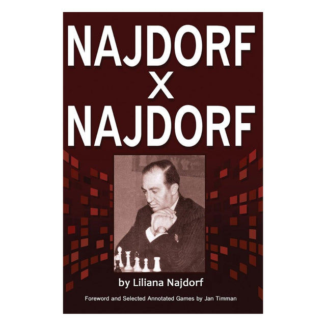 Forside af “najdorf x najdorf”, en personlig og historisk skildring af skakmesteren, skrevet af hans datter Liliana Najdorf.