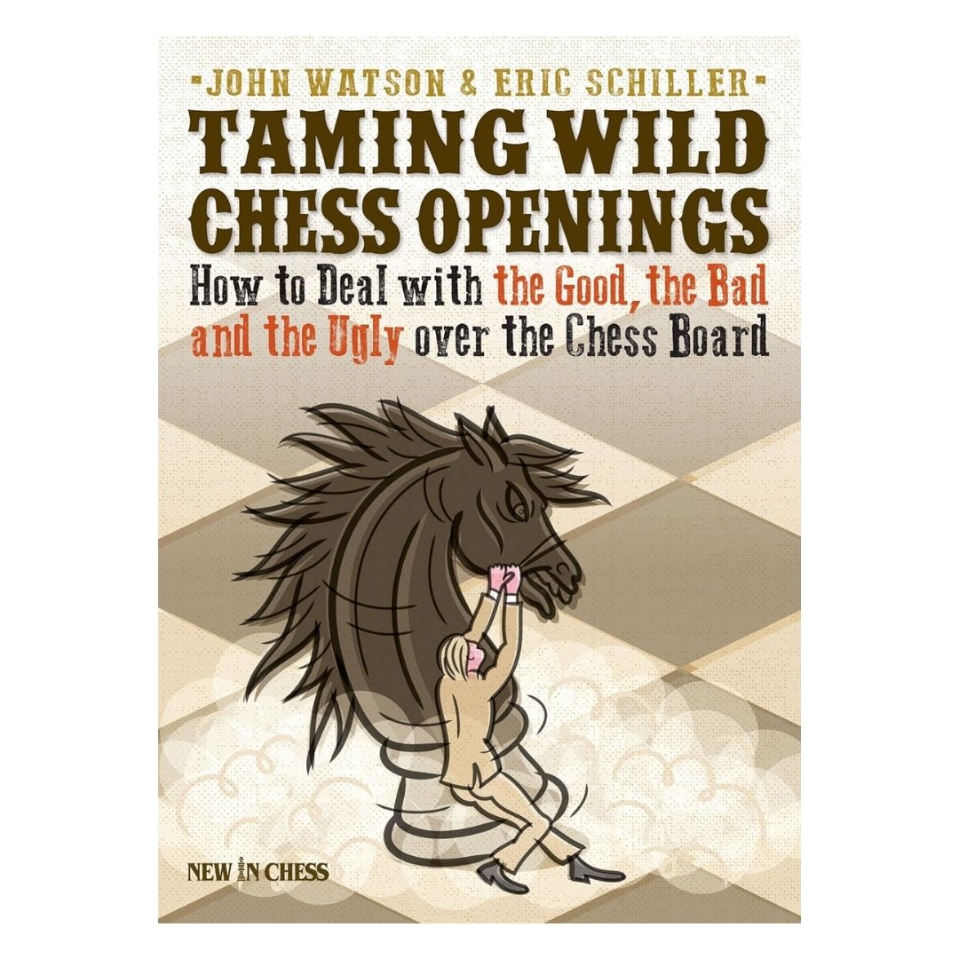 Forsiden til skakbogen taming wild chess openings med en blond mand i beige jakkesæt der forsøger at tæmme en vild springer udgivet af new in chess