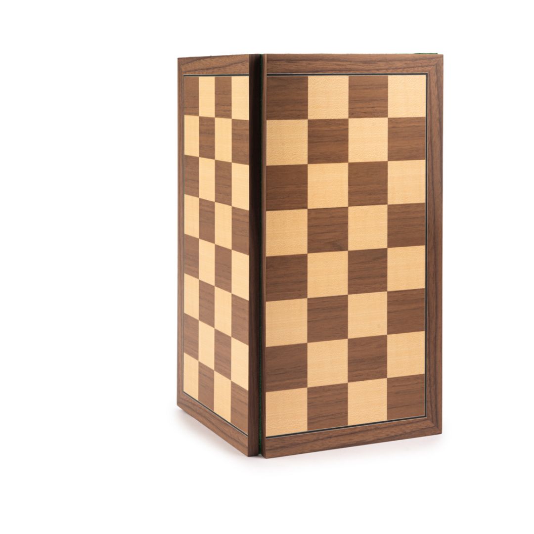 Skakbræt der står op og er let klappet sammen som står stabilt og produceret i Spanien for Ferrer Chessboards